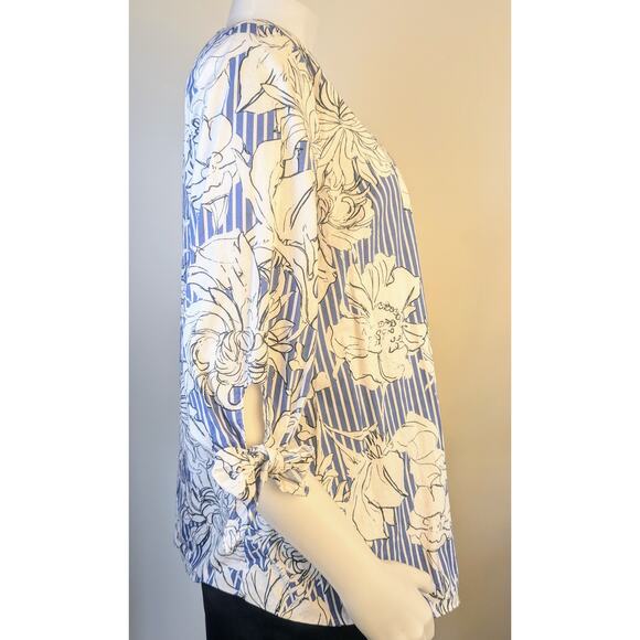 Isabel Maternity Blouse Medium Blue White Floral Striped Popover Short Sleeve - Picture 5 of 10